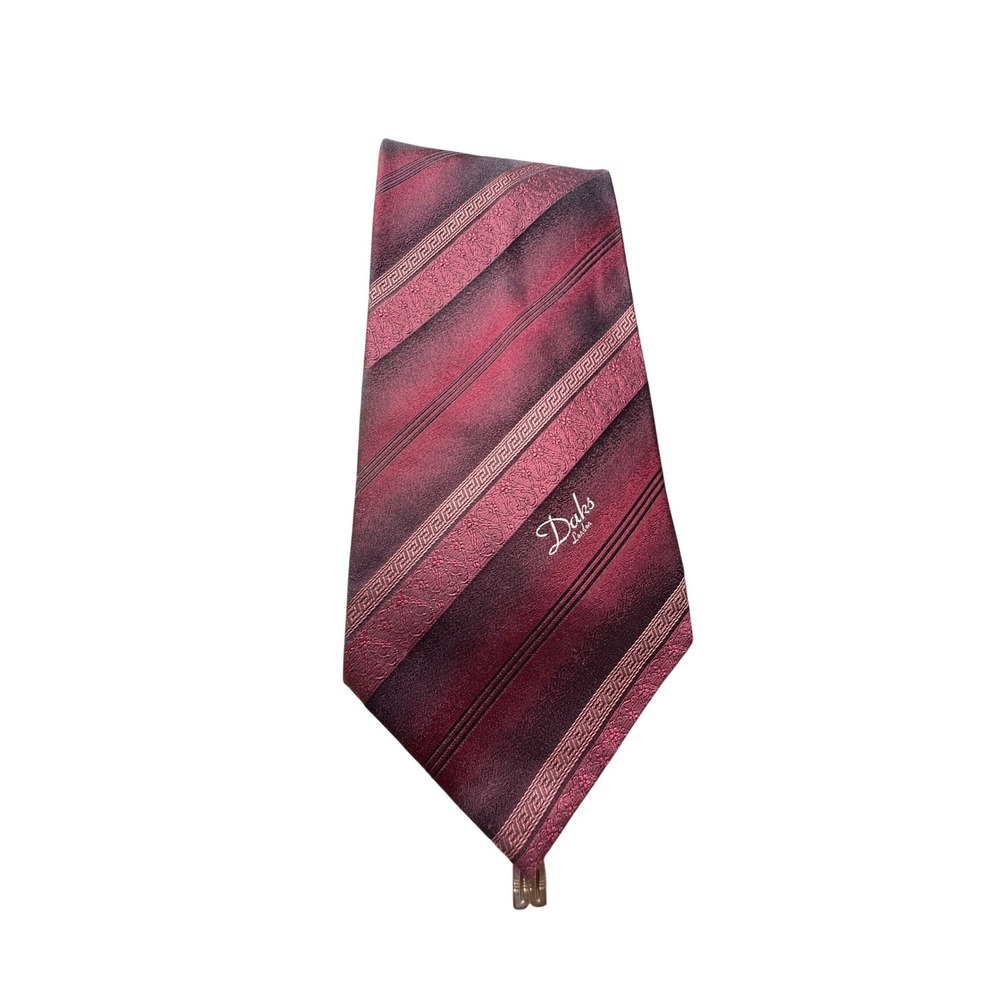 Daks London Mens Silk Necktie Burgundy Plum Striped Greek Key Damask Pattern - Picture 3 of 6